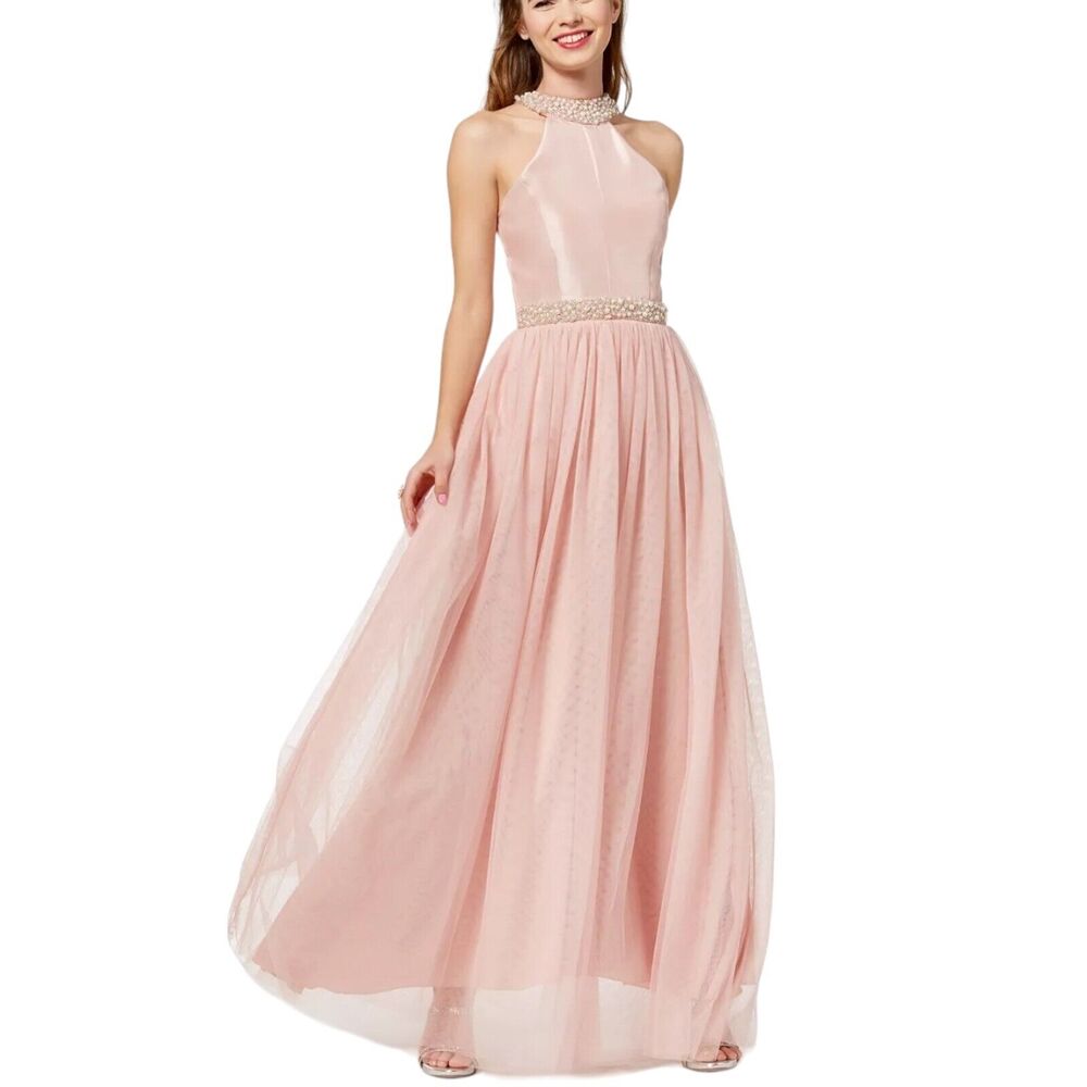 Speechless Juniors' Imitation-Pearl Halter Gown Size 15 Color Pink